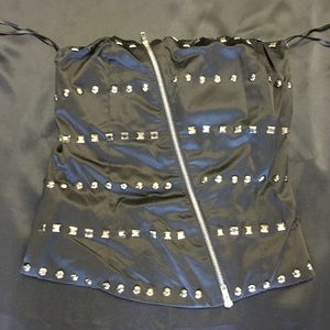 Black bustier with rhinestones and slant zipper